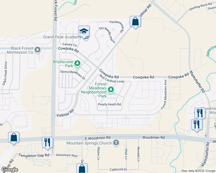 map of restaurants, bars, coffee shops, grocery stores, and more near 7965 Morning Dew Road in Colorado Springs