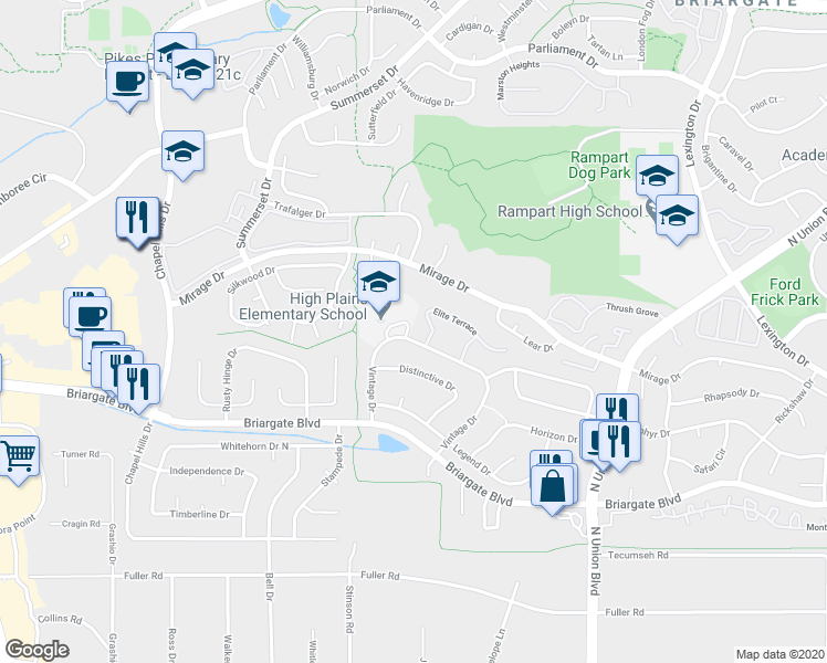 map of restaurants, bars, coffee shops, grocery stores, and more near 2248 Vintage Drive in Colorado Springs