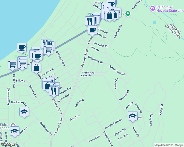 map of restaurants, bars, coffee shops, grocery stores, and more near 3821 Figueroa Lane in South Lake Tahoe