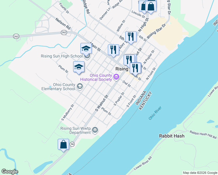 map of restaurants, bars, coffee shops, grocery stores, and more near 310 1st Street in Rising Sun