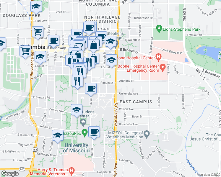 map of restaurants, bars, coffee shops, grocery stores, and more near 1201 Paquin Street in Columbia