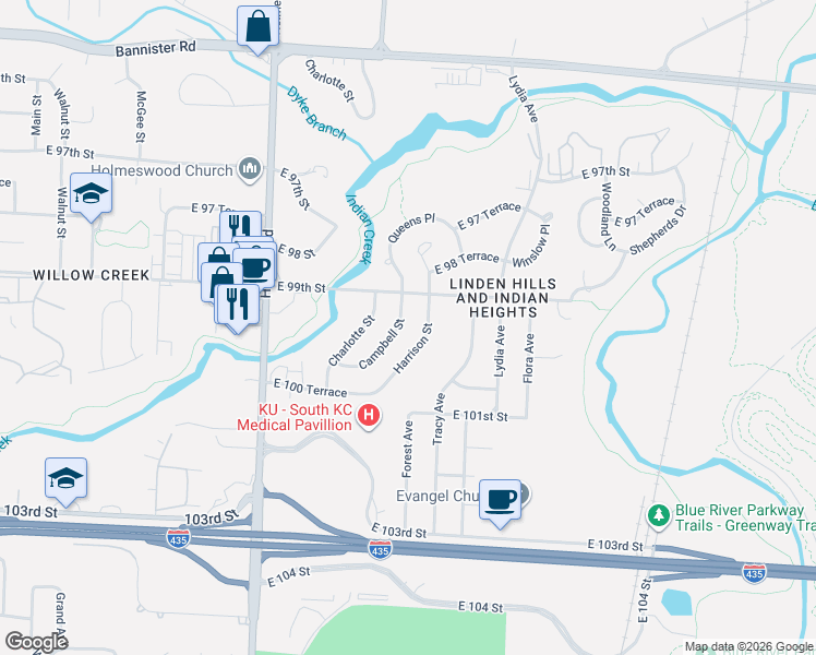 map of restaurants, bars, coffee shops, grocery stores, and more near 9903 Campbell Street in Kansas City