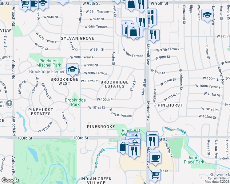 map of restaurants, bars, coffee shops, grocery stores, and more near 9953 Riley Street in Overland Park