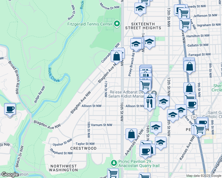 map of restaurants, bars, coffee shops, grocery stores, and more near 1610 Crittenden Street Northwest in Washington