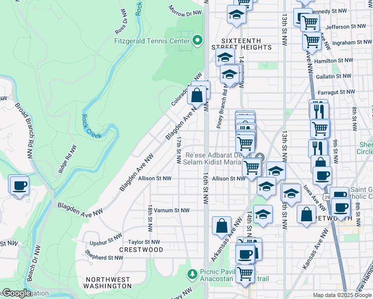 map of restaurants, bars, coffee shops, grocery stores, and more near 1610 Crittenden Street Northwest in Washington