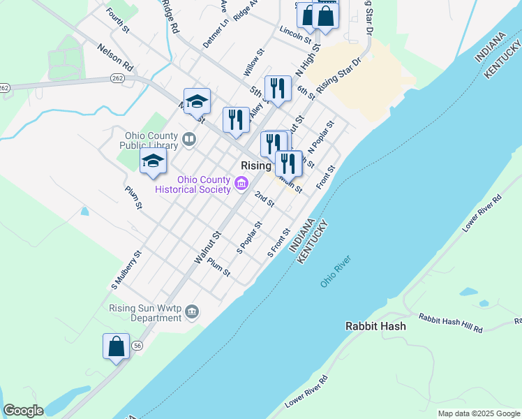 map of restaurants, bars, coffee shops, grocery stores, and more near 212 South Poplar Street in Rising Sun