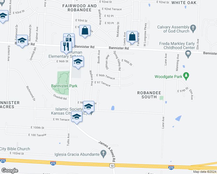 map of restaurants, bars, coffee shops, grocery stores, and more near 8629 East 97 Terrace in Kansas City