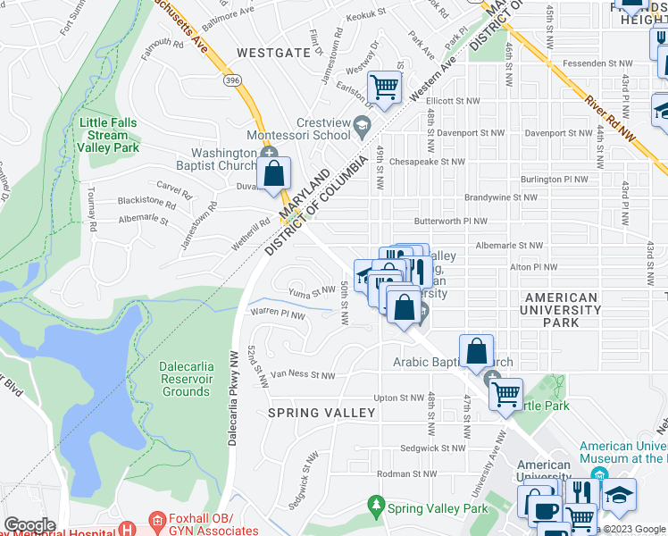 map of restaurants, bars, coffee shops, grocery stores, and more near 5002 Massachusetts Avenue Northwest in Washington