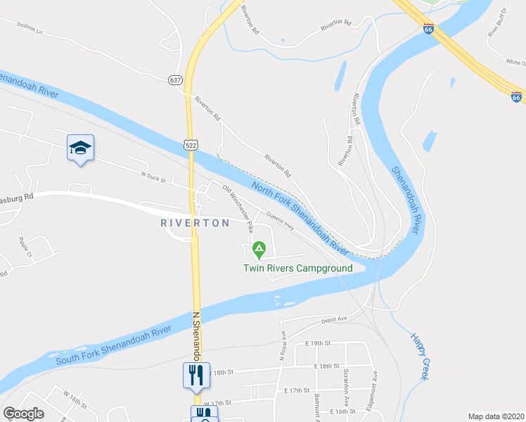 map of restaurants, bars, coffee shops, grocery stores, and more near 1298 Queens Highway in Front Royal