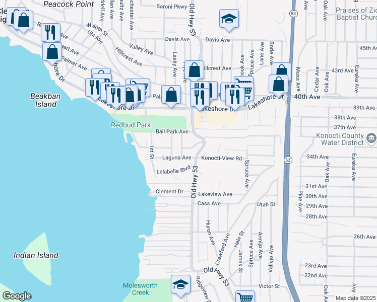 map of restaurants, bars, coffee shops, grocery stores, and more near 14965 Putnam Lane in Clearlake