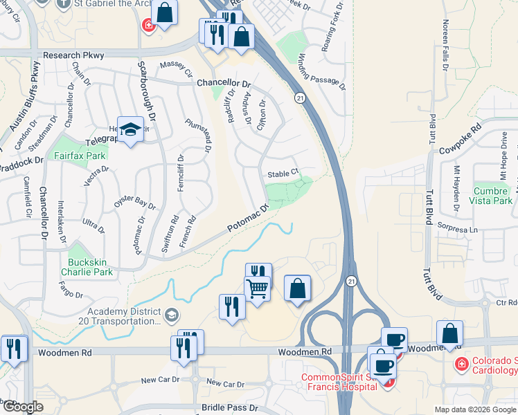 map of restaurants, bars, coffee shops, grocery stores, and more near 7923 Watervalley Road in Colorado Springs