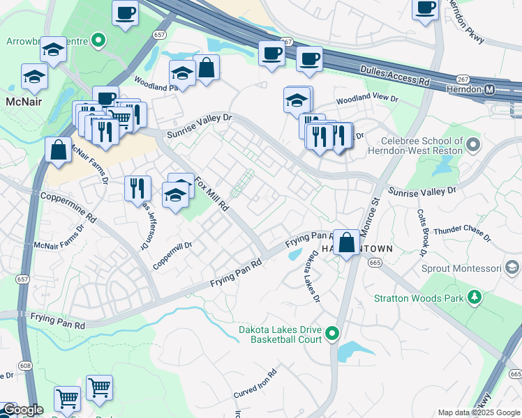 map of restaurants, bars, coffee shops, grocery stores, and more near 2422 cypress Green Lane in Herndon