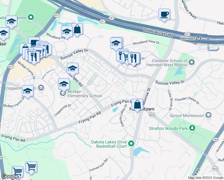 map of restaurants, bars, coffee shops, grocery stores, and more near 13094 Marcey Creek Road in Herndon