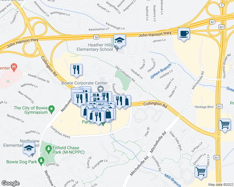 map of restaurants, bars, coffee shops, grocery stores, and more near 15788 Easthaven Court in Bowie