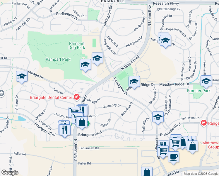 map of restaurants, bars, coffee shops, grocery stores, and more near 8067 Lexington Park Drive in Colorado Springs