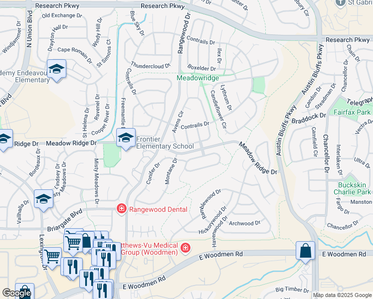 map of restaurants, bars, coffee shops, grocery stores, and more near 8560 Avens Circle in Colorado Springs