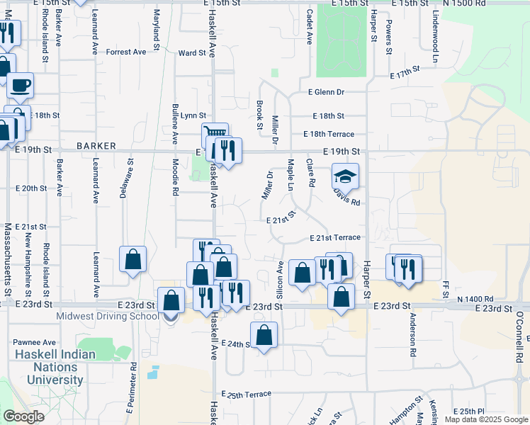 map of restaurants, bars, coffee shops, grocery stores, and more near 1304 Fair Lane in Lawrence