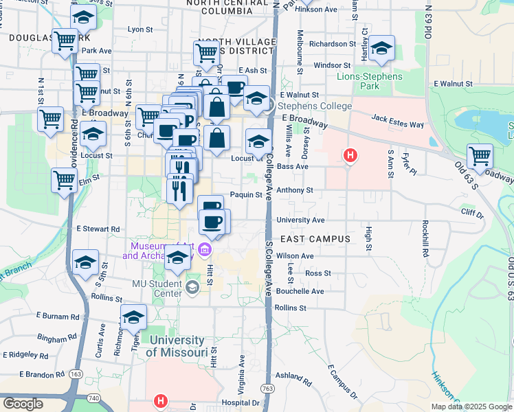 map of restaurants, bars, coffee shops, grocery stores, and more near 1205 University Avenue in Columbia