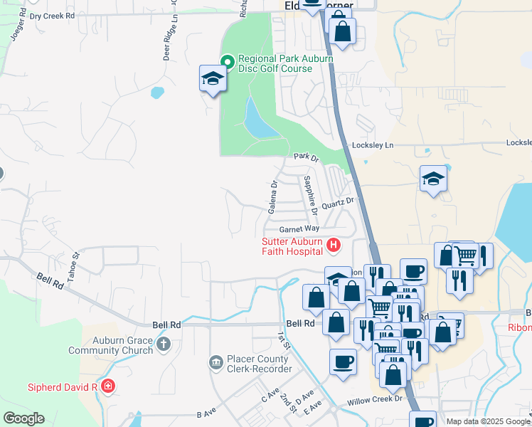 map of restaurants, bars, coffee shops, grocery stores, and more near 11493 Quartz Drive in Auburn