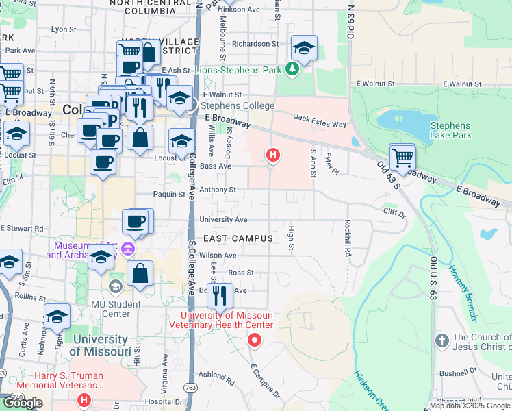 map of restaurants, bars, coffee shops, grocery stores, and more near 405 South William Street in Columbia