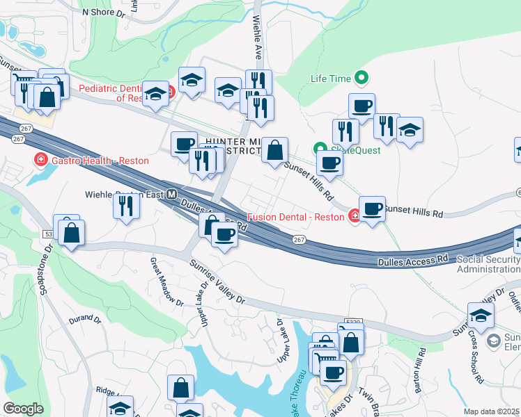 map of restaurants, bars, coffee shops, grocery stores, and more near 11246 Faraday Park Drive in Reston
