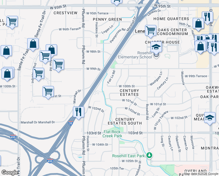 map of restaurants, bars, coffee shops, grocery stores, and more near 9969 Fair Lane Road in Lenexa