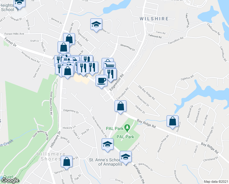 map of restaurants, bars, coffee shops, grocery stores, and more near 980 Bay Ridge Road in Annapolis