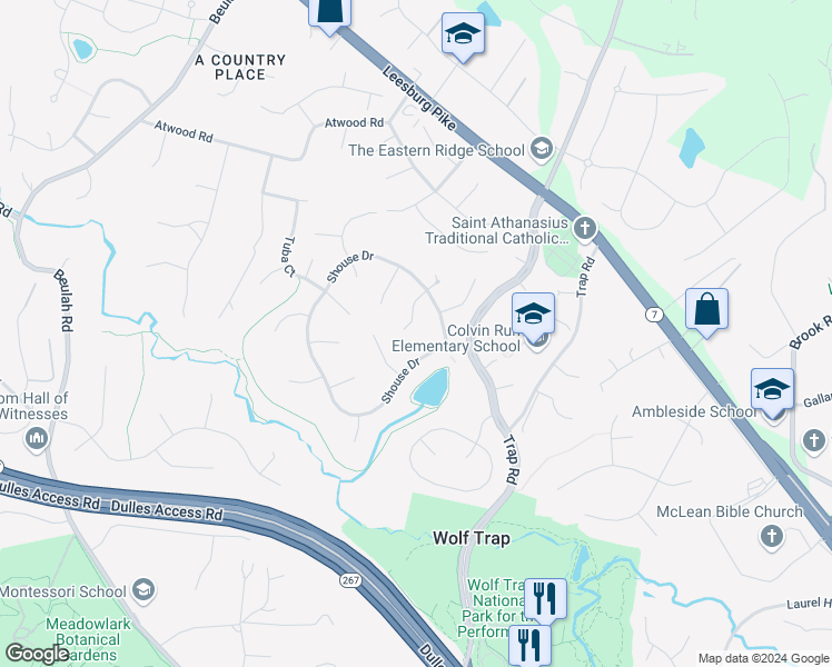 map of restaurants, bars, coffee shops, grocery stores, and more near 1415 Celesta Court in Vienna