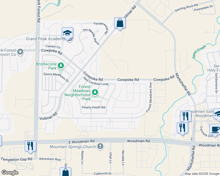 map of restaurants, bars, coffee shops, grocery stores, and more near 6817 Red Cardinal Loop in Colorado Springs