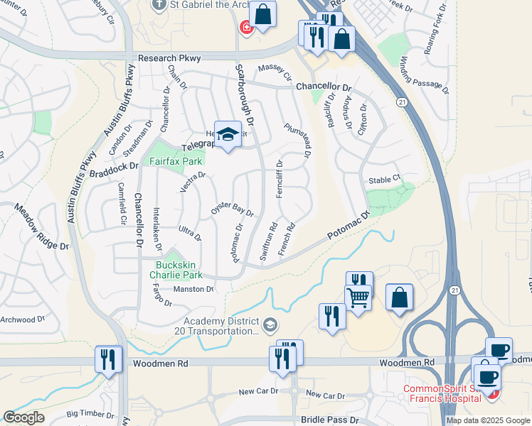map of restaurants, bars, coffee shops, grocery stores, and more near 7990 Scarborough Drive in Colorado Springs