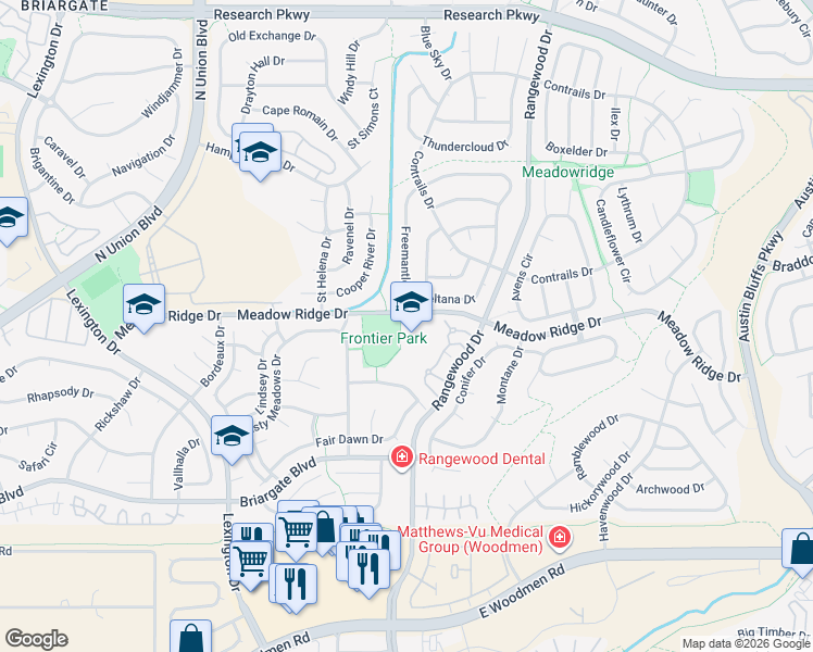 map of restaurants, bars, coffee shops, grocery stores, and more near 3825 Beltana Drive in Colorado Springs