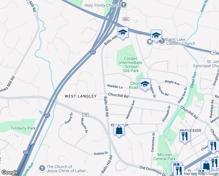 map of restaurants, bars, coffee shops, grocery stores, and more near 7209 Warbler Lane in McLean