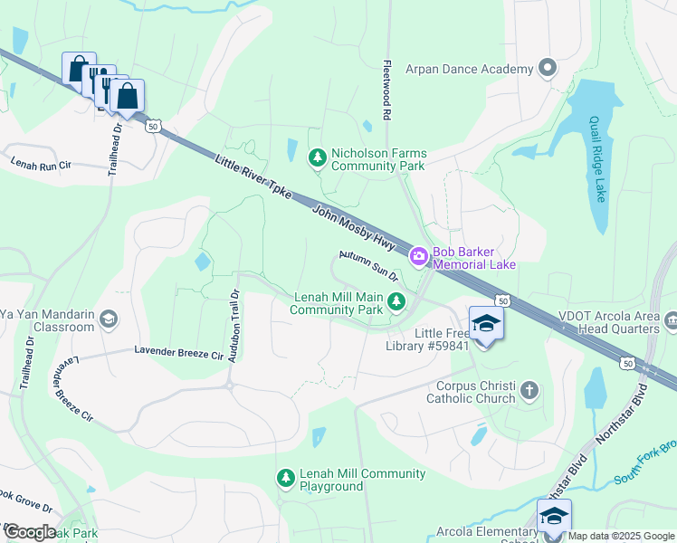 map of restaurants, bars, coffee shops, grocery stores, and more near 41444 Autumn Sun Drive in Aldie