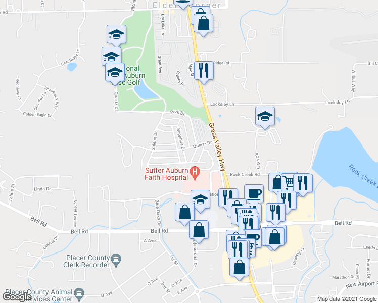 map of restaurants, bars, coffee shops, grocery stores, and more near 11642 Quartz Drive in Auburn