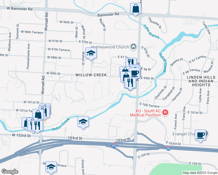 map of restaurants, bars, coffee shops, grocery stores, and more near 9905 Locust Street in Kansas City