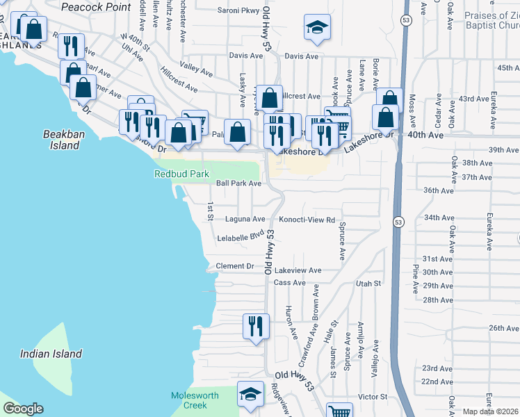 map of restaurants, bars, coffee shops, grocery stores, and more near 14965 Putnam Lane in Clearlake