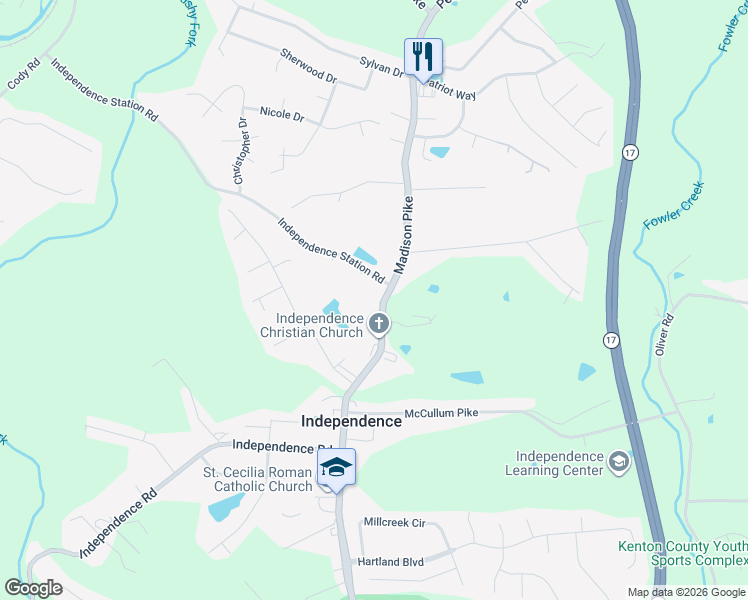 map of restaurants, bars, coffee shops, grocery stores, and more near 5205 Madison Pike in Independence