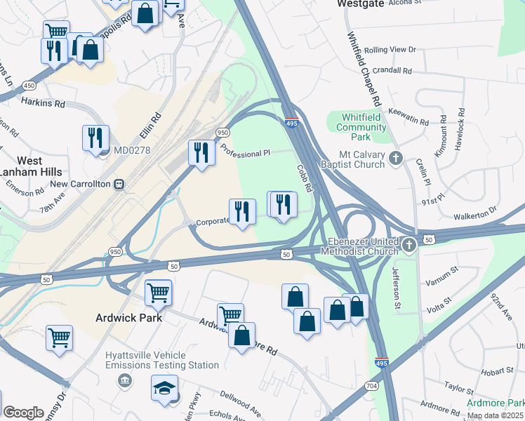 map of restaurants, bars, coffee shops, grocery stores, and more near 8330 Corporate Drive in Hyattsville