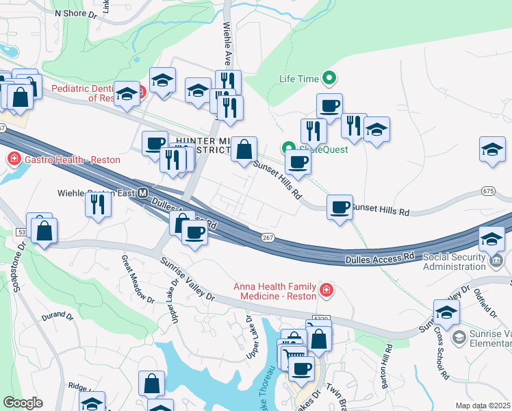 map of restaurants, bars, coffee shops, grocery stores, and more near 11201 Reston Station Boulevard in Reston