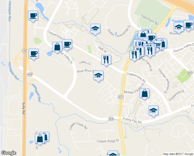 map of restaurants, bars, coffee shops, grocery stores, and more near 13629 Beckingham Drive in Herndon