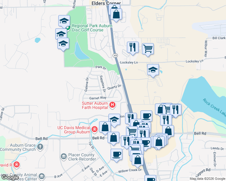 map of restaurants, bars, coffee shops, grocery stores, and more near 3583 Opal Drive in Auburn