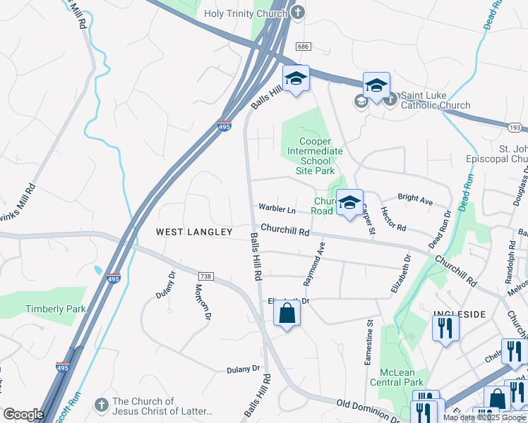 map of restaurants, bars, coffee shops, grocery stores, and more near 7209 Warbler Lane in McLean