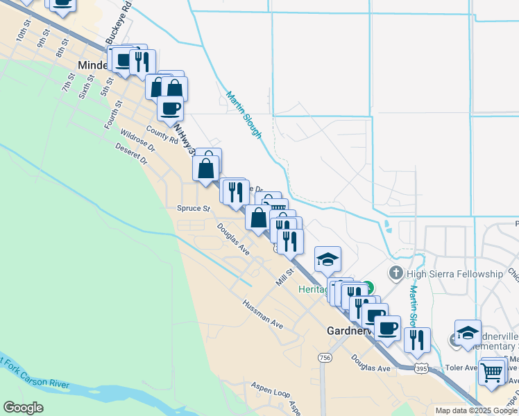 map of restaurants, bars, coffee shops, grocery stores, and more near Gardner Drive in Gardnerville