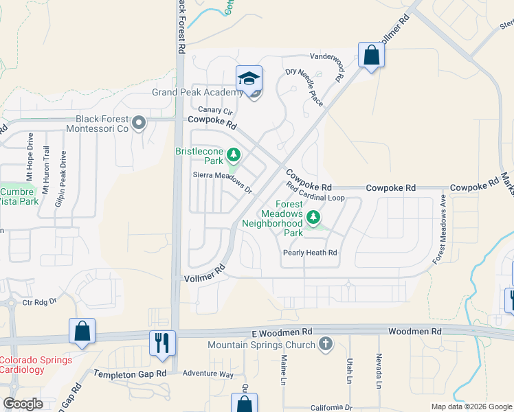 map of restaurants, bars, coffee shops, grocery stores, and more near 7172 Red Cardinal Loop in Colorado Springs