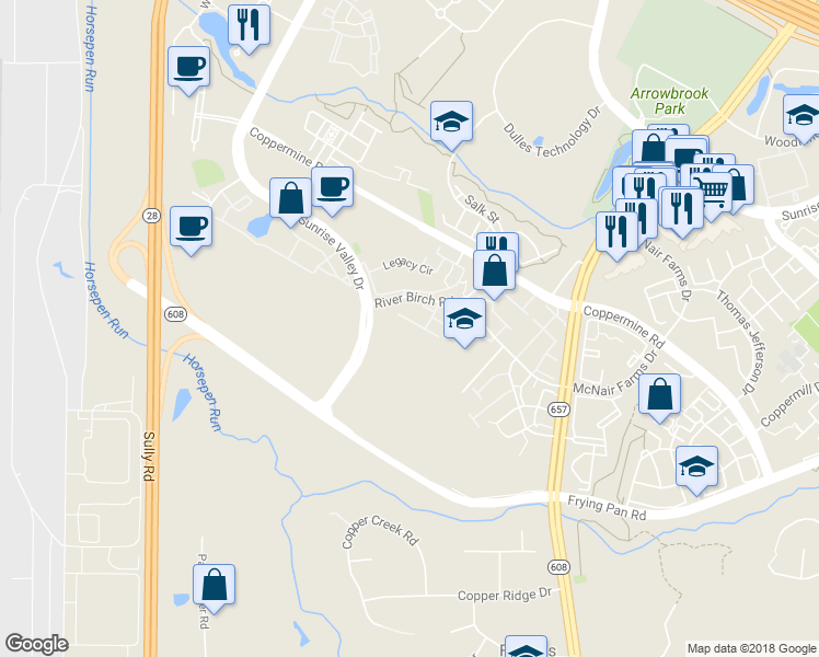 map of restaurants, bars, coffee shops, grocery stores, and more near 13673 Saint Johns Wood Place in Herndon
