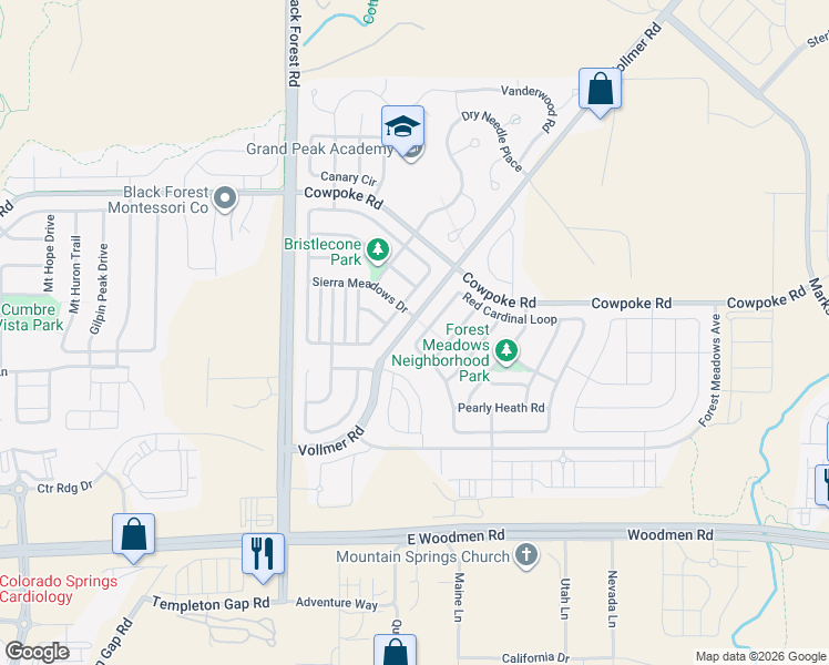 map of restaurants, bars, coffee shops, grocery stores, and more near 7172 Red Cardinal Loop in Colorado Springs