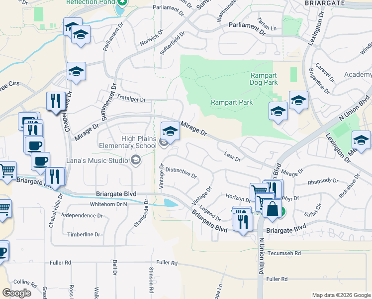 map of restaurants, bars, coffee shops, grocery stores, and more near 2347 Elite Terrace in Colorado Springs