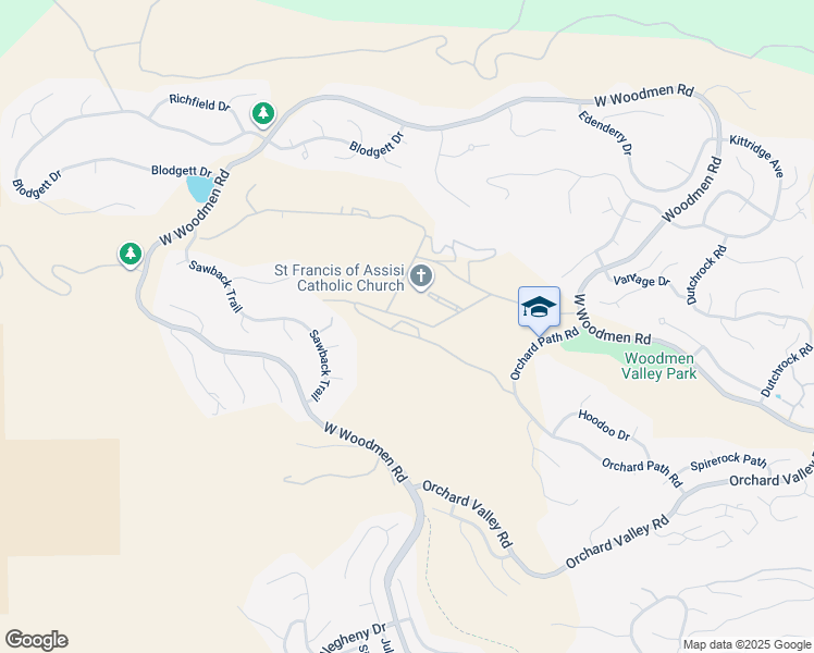 map of restaurants, bars, coffee shops, grocery stores, and more near 7621-7699 Assisi Heights in Colorado Springs