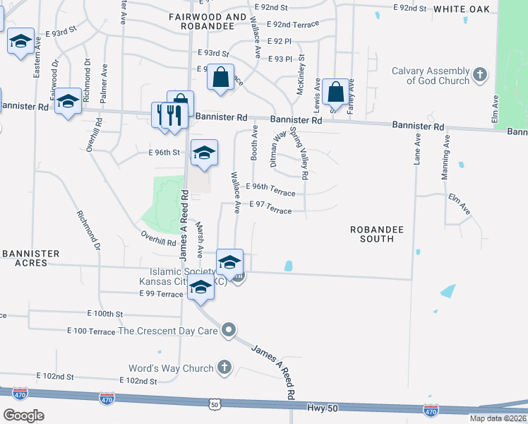 map of restaurants, bars, coffee shops, grocery stores, and more near 8611 East 97 Terrace in Kansas City