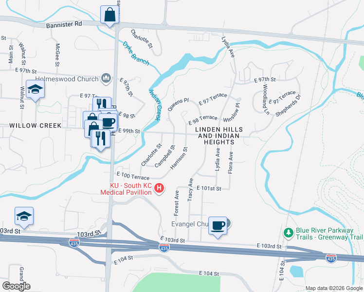 map of restaurants, bars, coffee shops, grocery stores, and more near 9903 Campbell Street in Kansas City